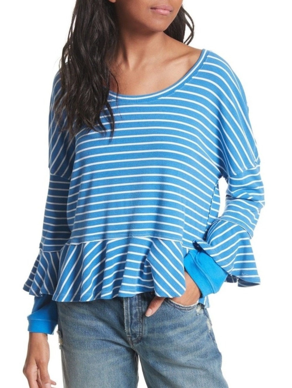 Free People We The Free Round About Striped Peplum Tee Blue White Small